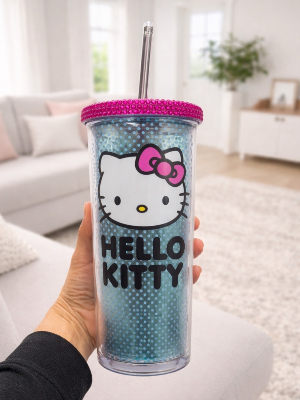 Sanrio Hello Kitty Blue Polka Dot Plastic Cold Cup With Rhinestone 20 Oz